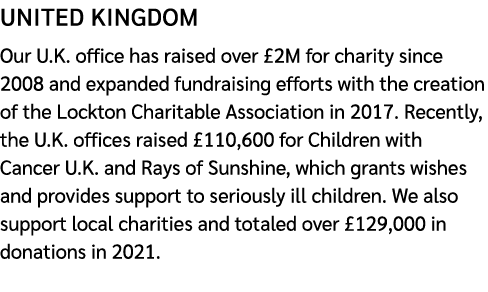 UNITED KINGDOM Our U.K. office has raised over £2M for charity since 2008 and expanded fundraising efforts with the c...