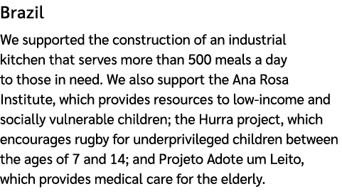 Brazil We supported the construction of an industrial kitchen that serves more than 500 meals a day to those in need....